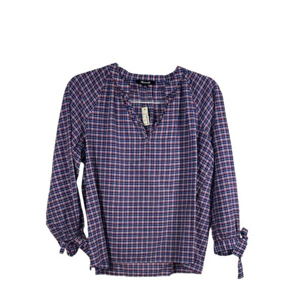 Madewell Womens Plaid Tie-Sleeve Popover Blouse Blue Red NWT Size S Cotton Linen